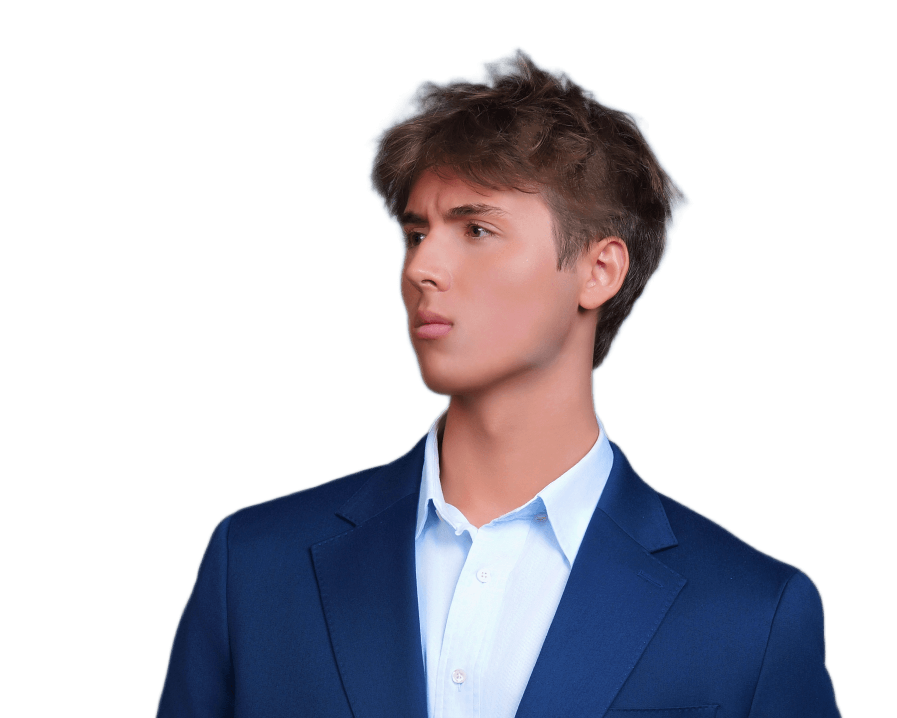 Side-profile portrait of Caden Tacoronte in a suit, looking left, set against a graphite background.